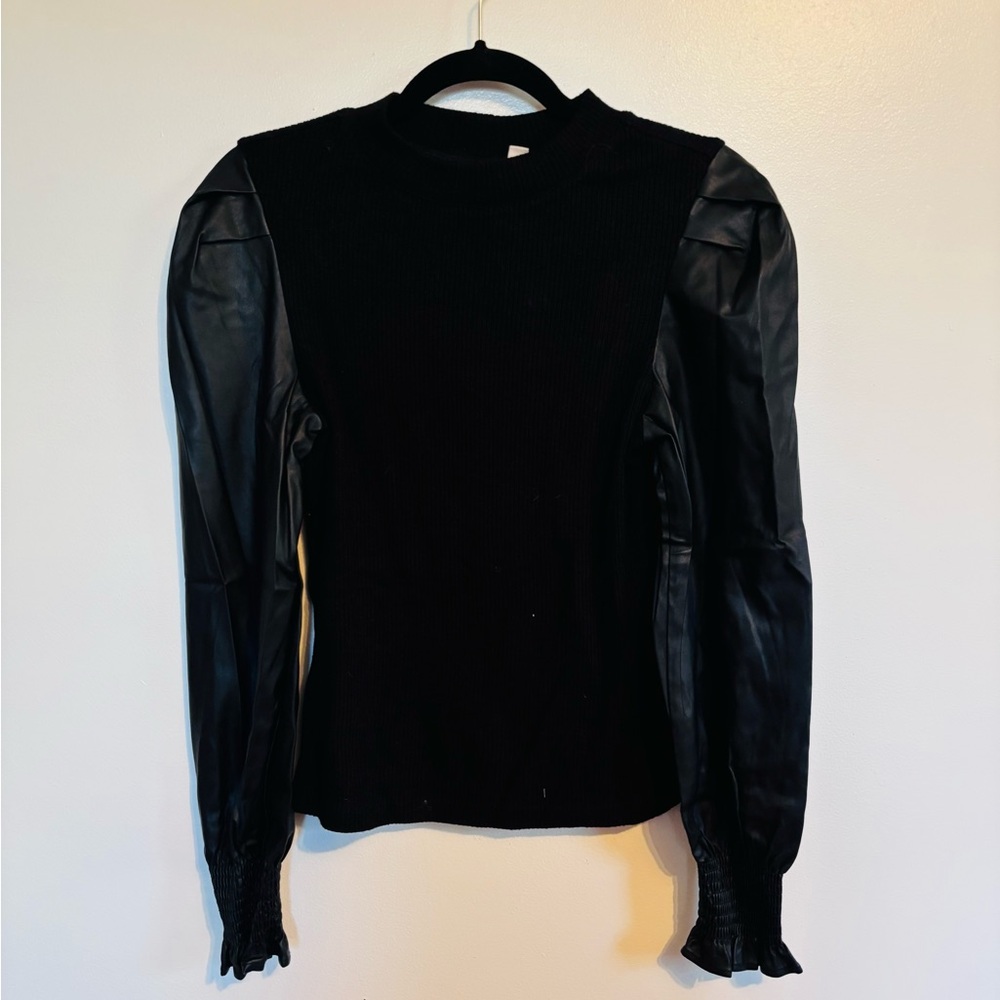 Dolan black long sleeve top with faux leather sleeves size small